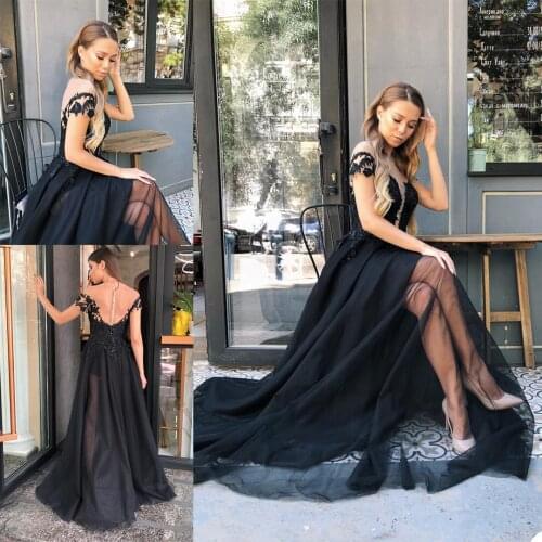 Elegant Black Evening Dresses Sheer Neck Women Prom Dress Custom Made Lace Applique Formal Party Gowns