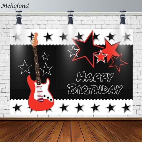 Guitar Backdrop Happy Birthday Party Band Stars Black Banner Kid Photography Background Photoshoot Studio Photocall Decor Props