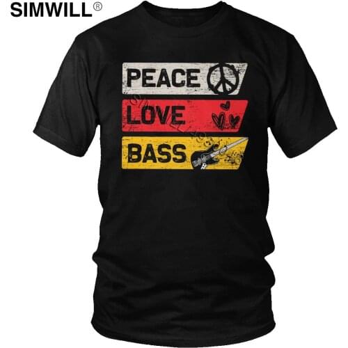Retro Musical Instrument Bass Guitar T Shirt Men Unique Casual Cotton T Shirts Male Short Sleeve Peace Love Tee Bassist Tshirt