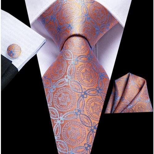 Hi-Tie Mens Necktie Luxury Orange Blue Novelty Silk Wedding Tie For Men Hanky Cufflink Gift Tie Set Business Party Dropshipping