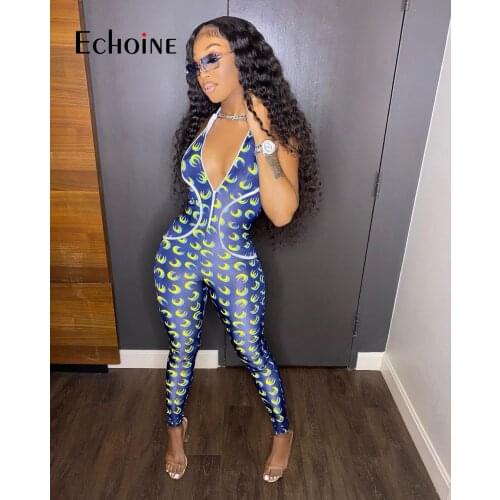 Echoine summer Halter Backless Jumpsuit Sexy Romper Women double moon Zipper Jumpsuits elastic fabric Bodycon Sporty Overalls