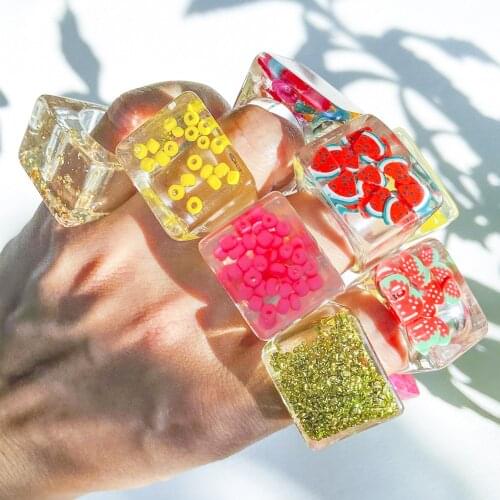 New Transparent Resin Acrylic Geometric Square Round Chunky Rings for Women Colorful Fruit Flowers Ring Jewelry Party Gifts