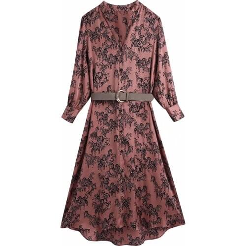 New Pop Women Satin Printed Dress With Belt Long Sleeves Midi Dress Vintage Elegant Lady Chic Long Woman Dresses