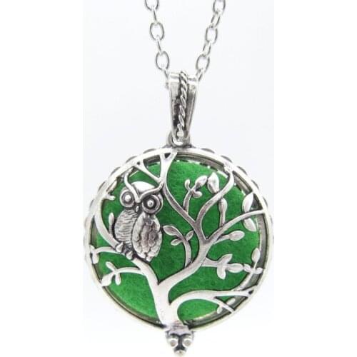 The New Popular Owl Standing on the Hollowed Tree Magnetic Locket Pendant Women`s Fashion Felt Pad Oil Diffuser Necklace