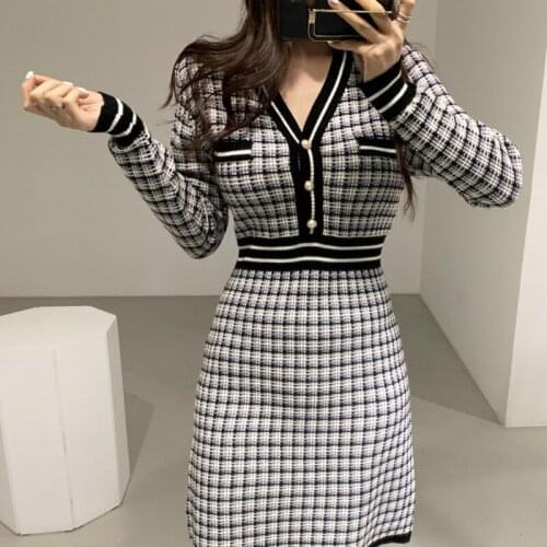 Autumn Vintage Elegant Korean Fashion Women Plaid Knitted Dress Color-blocked V-neck Long Sleeve Sweater Dresses Ladies Vestidos