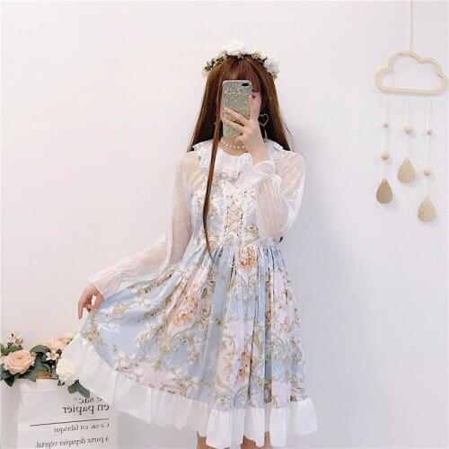 Princess Sweet Lolita Dress Vintage Lace Bowknot Cute Printing High Waist Victorian Dress Kawaii Girl Gothic Lolita Jsk Loli Cos