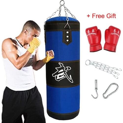 Adult Kid Empty Boxing Sand Bag Hanging Kick Sandbag Boxing Training Fight Karate Punching Bag Heavy Duty with Glove Wrist Guard