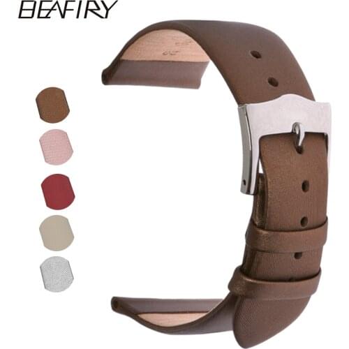 BEAFIRY Thin Leather Watch Band 12mm 14mm 16mm 18mm 20mm Genuine Leather Watch Strap Watchband Men Womens Brown Grey Beige Red