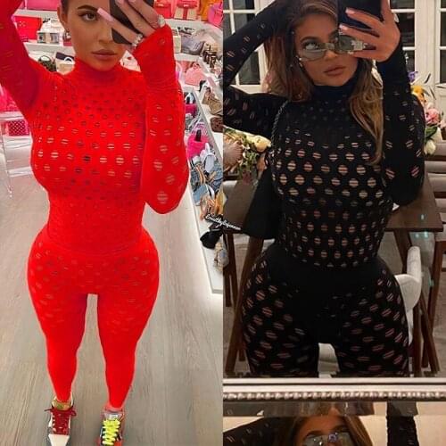 Sexy Hollow Out Two Piece Pants Set Autumn Knitted Top and Pants Set Lounge Wear See-through 2 Piece Outfits for Women Clubwear