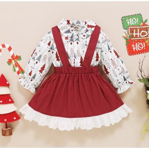 Girls Autumn And Winter Models Christmas Long-Sleeved Tree Print Blouse + Strap Skirt Two-Piece Suit 1-5 Years Old