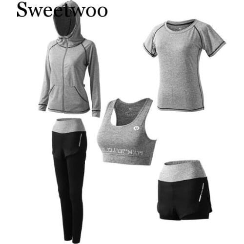 Womens Yoga Sets Five 5 Pieces Set Training Sports Sets Female Workout Clothes for Women Sportswear Gym Training Clothing S-3XL
