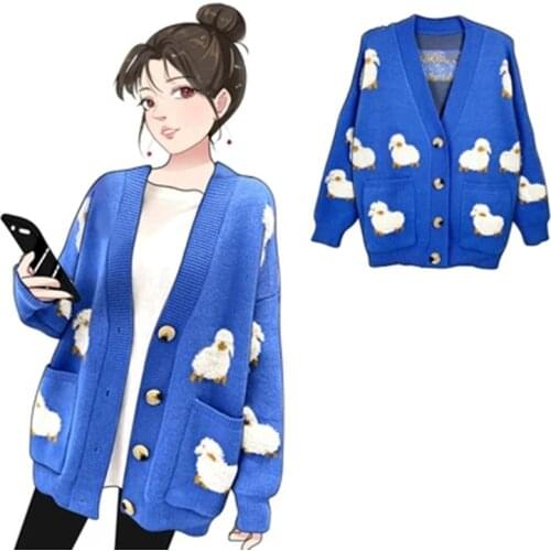 Womens Autumn Cardigan 2020 Spring Winter New Knit Femme Loose Sweater Coat Cute Cartoon Sheep Print VeNeck Ladies Sweet Jacket
