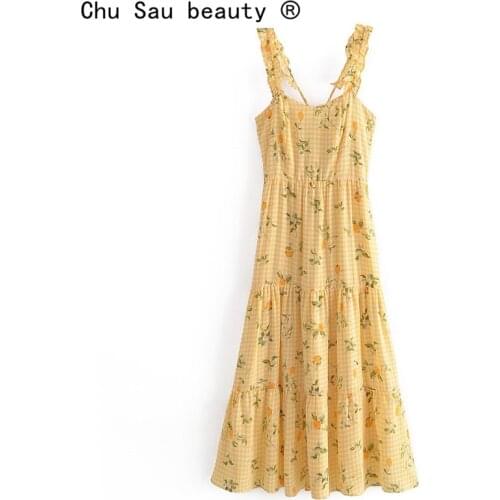 New Fashion Casual Chic Plaid Floral Printed Chiffon Summer Sling Midi Dress Women Street Style Backless Dresses Female Vestidos