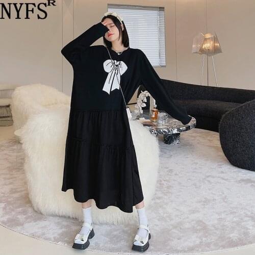 NYFS Autumn Dress 2021 Korean New Loose Woman Dress Vestidos Robe femme Elbise Fashion Cotton Patchwork Bow Print Dress