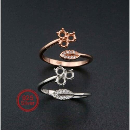 3MM Round 3 Stones Flower Leaf Rose Gold Plated Solid 925 Sterling Silver Adjustable Prong Ring Settings Blank Gemstone 1210070