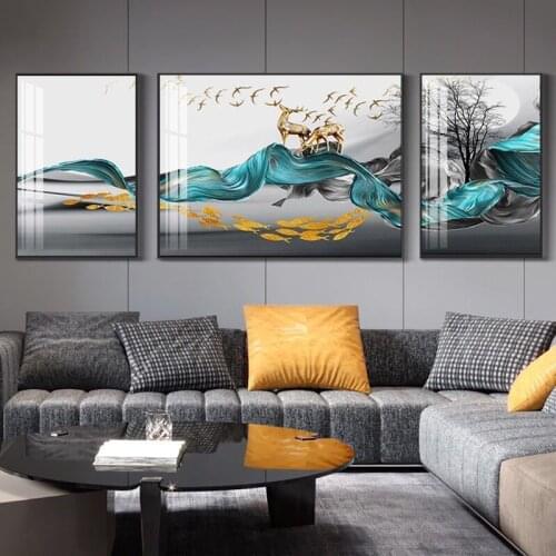 3Pcs Morden Living Room Decor Glass Crystal Porcelian Painting Prints Poster Animal Landscape Wall Art Picture Framed Home Decor