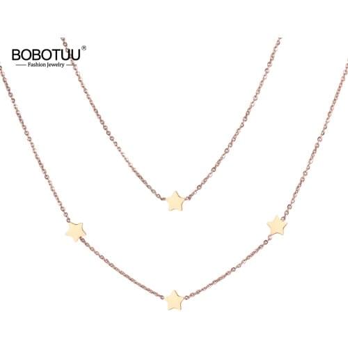 BOBOTUU Rose Gold Color Chain Stainless Steel Jewelry Double Layers Stars Choker Necklace Collier Best Gift BN18280