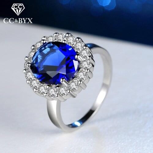 CC Hyperbole Jewelry Rings For Women 925 Silver Blue Cubic Zirconia Round Luxury Big Ring Bride Wedding Engagement Bijoux CC1574