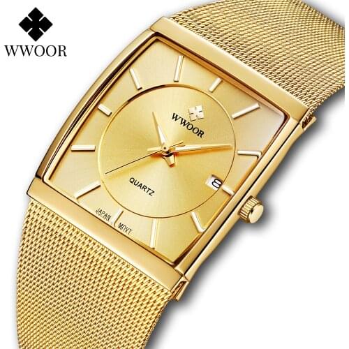 WWOOR Luxury Ultra Thin Square Men Quartz Watches For Men Gold Steel Mesh Waterproof Automatic Date Wristwatch Relogio Masculino