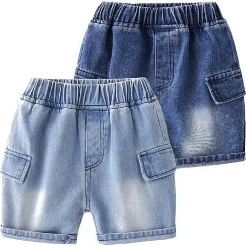Summer Boys Denim Shorts Elastic Waist Light Wash Toddler Girls Knee Length Jeans Pants Children Trousers Kids Clothes