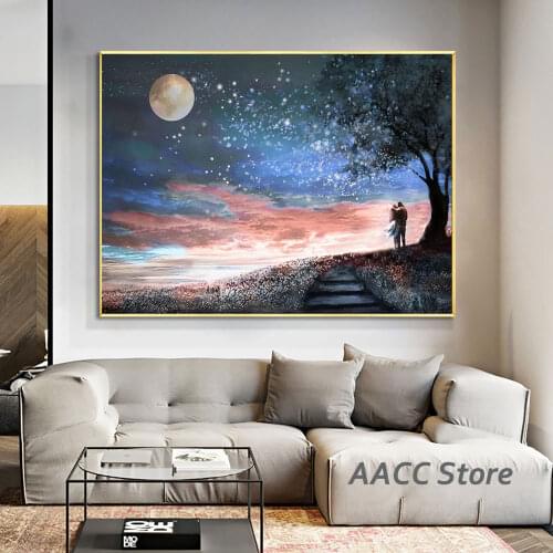 Print Oil Painting Lover Looking at the Moon Canvas Wall Art Poster and Print Picture for Scandinavian Hoom One Piece Decoration