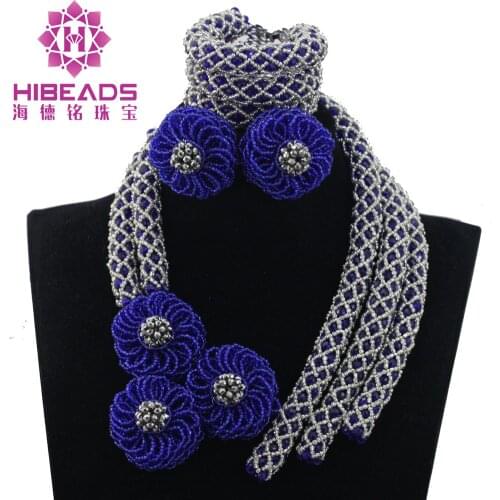 Silver Beaded Crystal Costume Necklace Set Fashion Royal Blue Chunky Beads African Jewelry Sets for Wedding Free Shipping ABH468