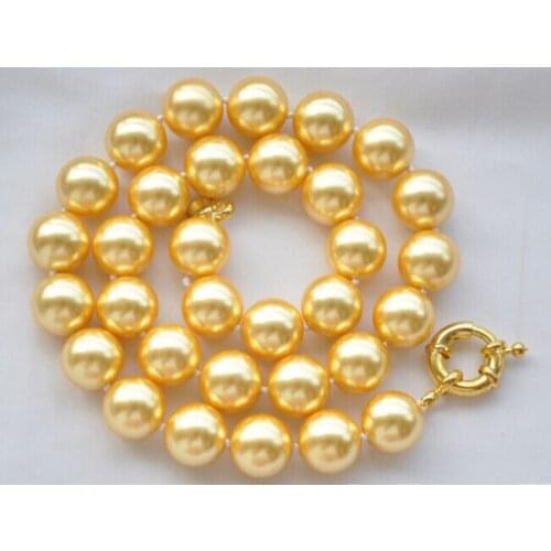 Beatiful 12mm golden round SOUTH SEA SHELL PEARL NECKLACE 18inch real Women Fine for lady jewelry