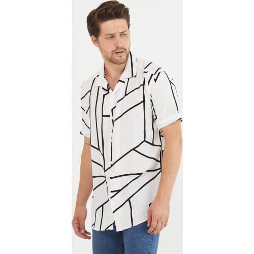 Gavazzi Black/White Pattern/striped Male Draped Regular Fit V-Collar Short-Sleeved Summer Shirt Turkey"