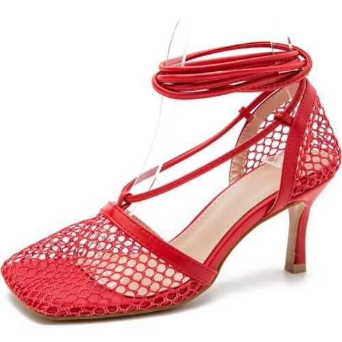 2021 New Summer Autumn Sexy Mesh Pumps Sandals Female Square Toe High Heel Lace Up Cross-tied Stiletto Hollow Dress Pumps Shoes