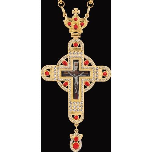 New Cross Pectoral Christian Church Golden Necklace Red Crystal Priest Crucifix Orthodox Baptism Gift Religious Icons Pendant