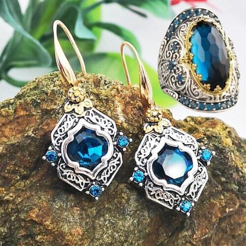 New Vintage Big Blue Stone Rings Earrings Jewelry Sets For Women Wedding Anillos Carved Pattern Statement Ring Accessories Mujer