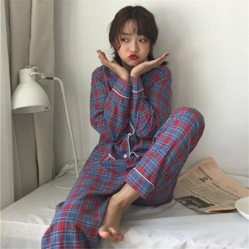 Autumn plaid loose breathable homewear 2 piece set student long sleeve sleepwear pajama set pants trousers korean chic Y984