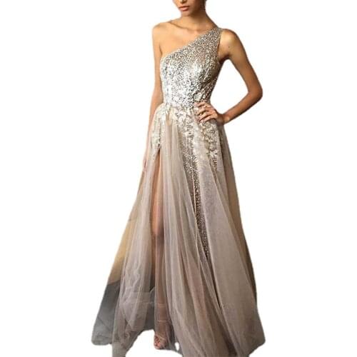 One Shoulder Sequins Embroidery Maxi Dress Sexy Side Train Leg Slits Long Evening Party Dress
