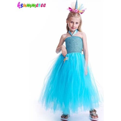 Blue Girls Halloween Unicorn Tutu Dress With hair Hoop Kids Cute Pony Ankle length Clothing Children Cosplay Carnival Ball Gown