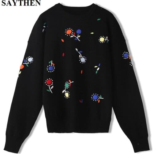 Saythen Embroidered dandelion flowers round neck sweater Women Knitted Pullover Long Sleeve new loose 2020 autumn and winter