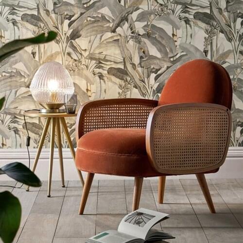 Fabric Single-Seat Sofa Chair Small-Sized American Solid Wood Rattan Living Room Leisure Chair Retro Light Luxury Net Red