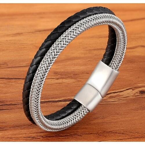 TYO Stainless Steel Wire Cable Magnetic Clasp Double Layered Bracelet Braided Genuine Leather Chain Bracelet Mens Women Jewelry