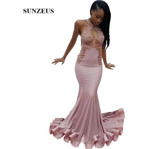 Beaded Appliques Mermaid Prom Gowns 2019 Sexy Illusion Bodice Long Jersey Black Girl Party Dress abiti da cerimonia da sera