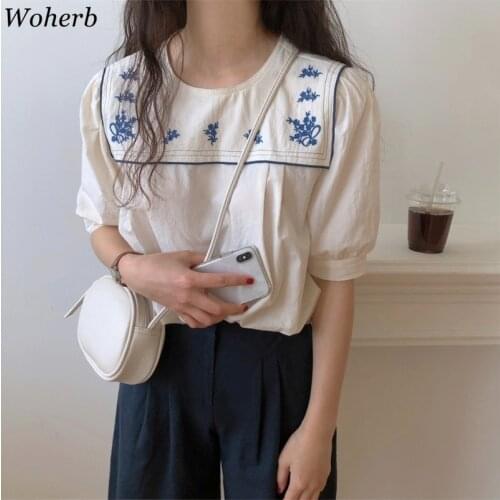 Woherb Floral Embroidered Blouse Women Elegant Crew Neck Casual All Match Shirt Female Fashion Puff Sleeve Tops Korean Blusas
