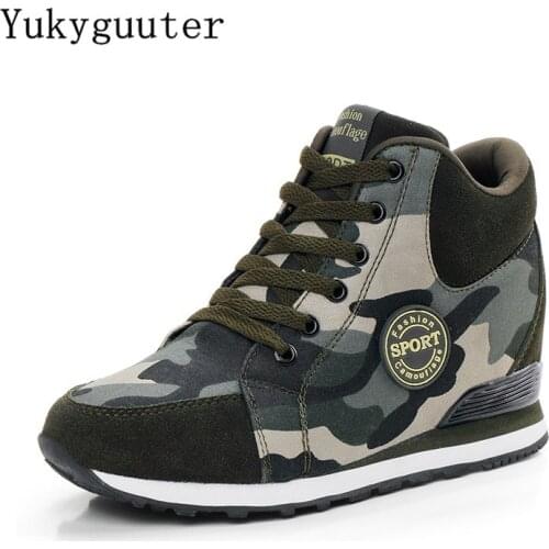 Women Sport Running Shoes Camouflage Internal Increase Wedges Canvas Outdoor Breathable Lightweight Fashion Athletic Sneakers
