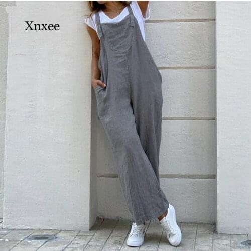 Women Suspender Rompers Overalls 2021 Vintage Cotton Jumpsuits Playsuits Long Pockets Wide Leg Pants Combinaison Oversize