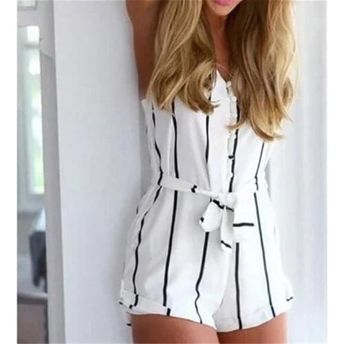 Women Bodysuits Casual Slim White Black Short Jumpsuit Femme Rompers Sexy V Neck Sleeveless Button Sashes Cotton Playsuits