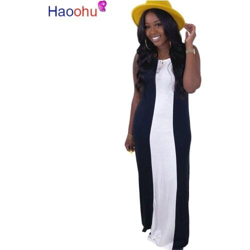 HAOOHU women colors patchwork sleeveless o-neck slim long dress fashion classic beach streetwear maxi dresses