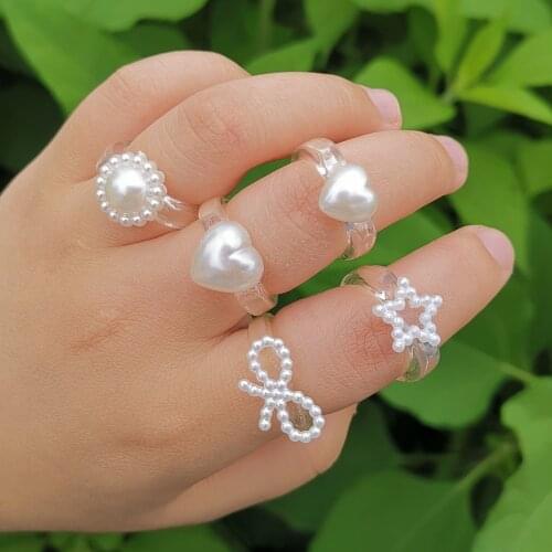 Lost Lady New 2021 Korean Simulated Pearl Resin Rings Cute Charm Finger Rings for Girls Women Jewelry Gift Party Accessories