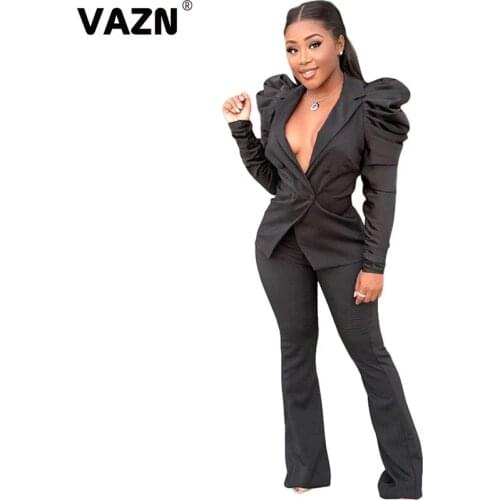 VAZN 2020 Hot List High-end Sexy Overalls Daily Solid Full Sleeve Cloth Group Long Flare Pants Slim Women 2 Piece Set