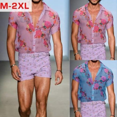 2021 Men Summer Fashion Shirt See-Through Lapel Top Loose Flower Printed Short Sleeve Buttons Breathable Blouse Shirts Plus Size