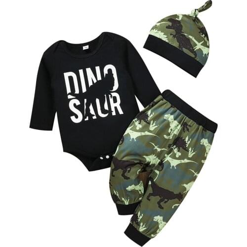 0-12M Newborn Baby Boy Long Sleeve Cotton Bodysuit Tops Dinosaur Print Long Pant Trouser Hat 3PCS Baby Clothing Set