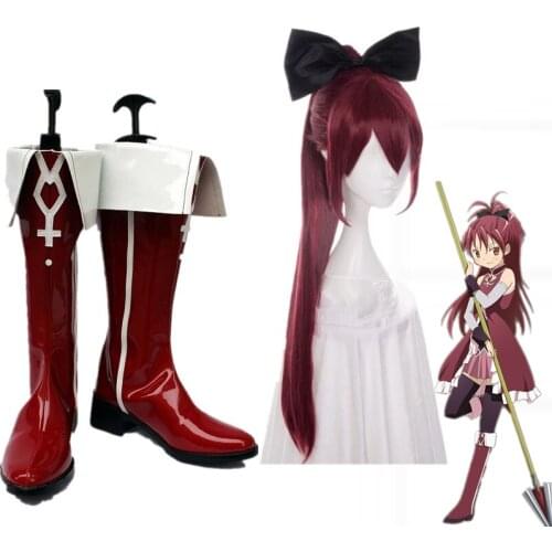 Tokyo Anime Anime Puella Magi Madoka Magica Sakura Kyoko Cosplay Shoes Red Fancy Boots Custom red hair+ hairpin ponytail wig