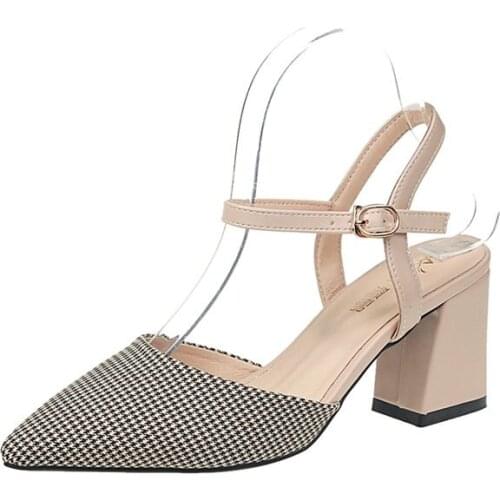 Summer New Fashion Plaid Baotou Sandals 2019 One Word Buckle Thick With Pointed High Heels Womens Wild Single Shoes