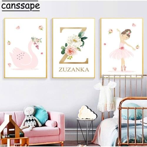 Nursery Canvas Prints Ballet Girl Posters Swan Art Painting Custom Name Poster Personalise Print Nordic Pictures Girl Room Decor